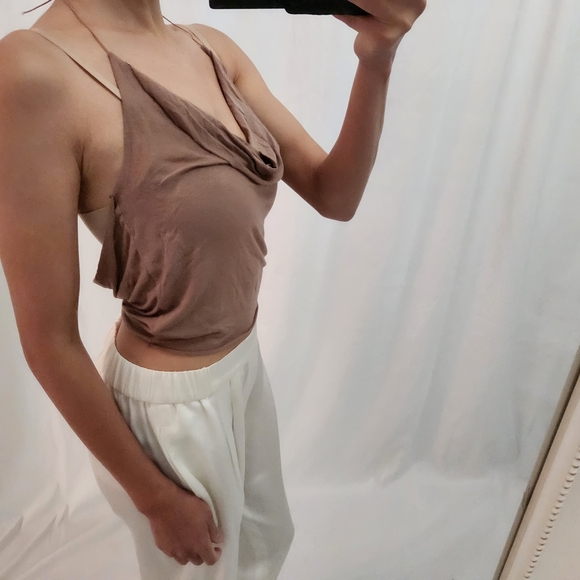 Joah Brown Tan Drape Neck Crop Top - Picture 3 of 9
